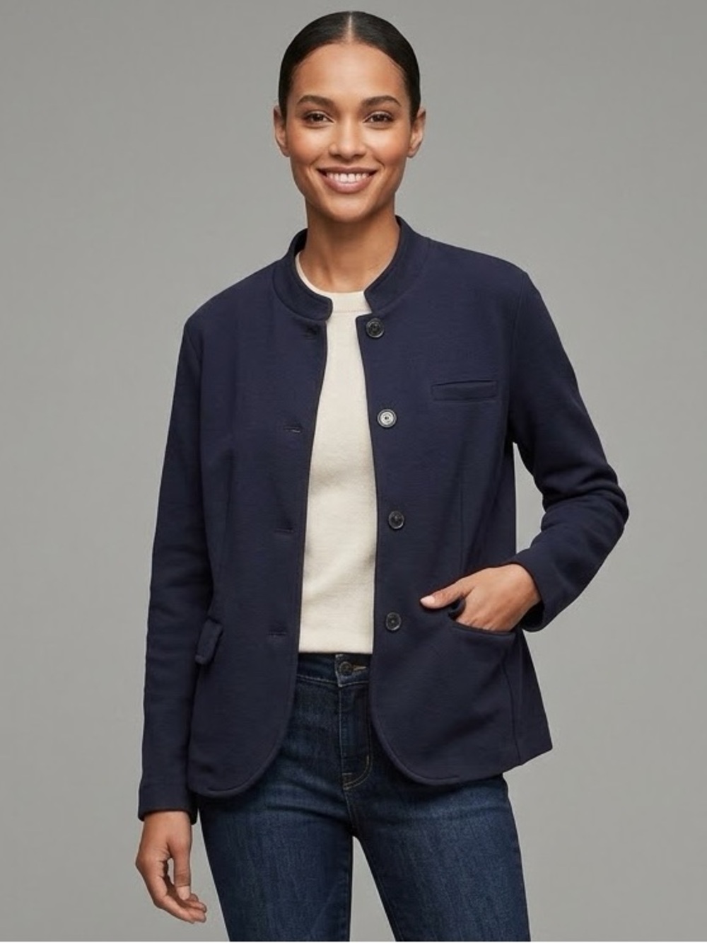 Banana Republic Jacket Womens L Blue Military Pique Knit Stand Collar Preppy